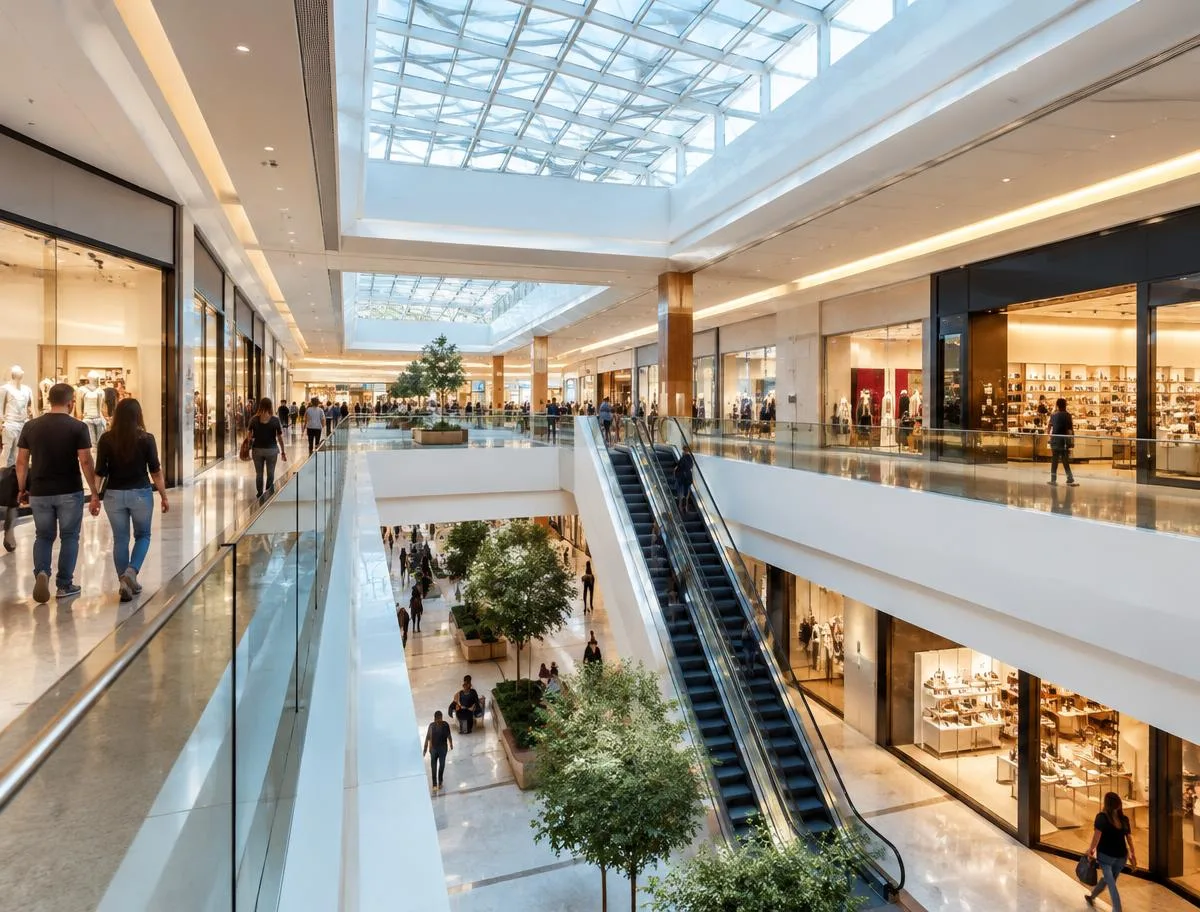 Shopping center com lojas, escadas rolantes e áreas comuns