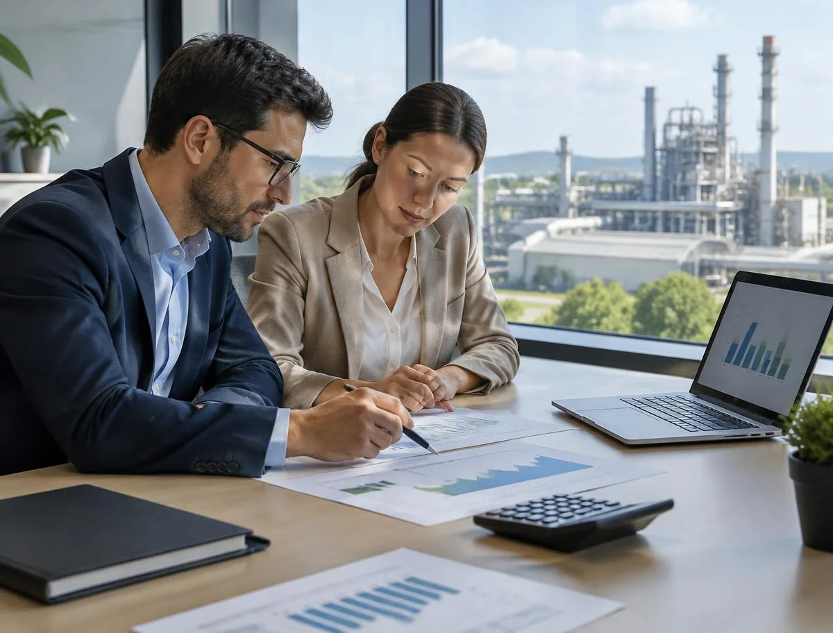 Profissionais analisando gráficos de consumo e custos de energia de uma empresa