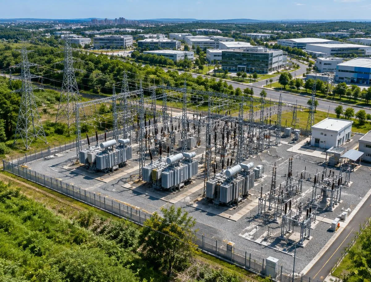 Subestação elétrica e linhas de transmissão próximas a um complexo empresarial