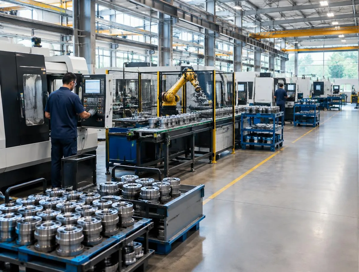 Linha de produção industrial com máquinas e automação
