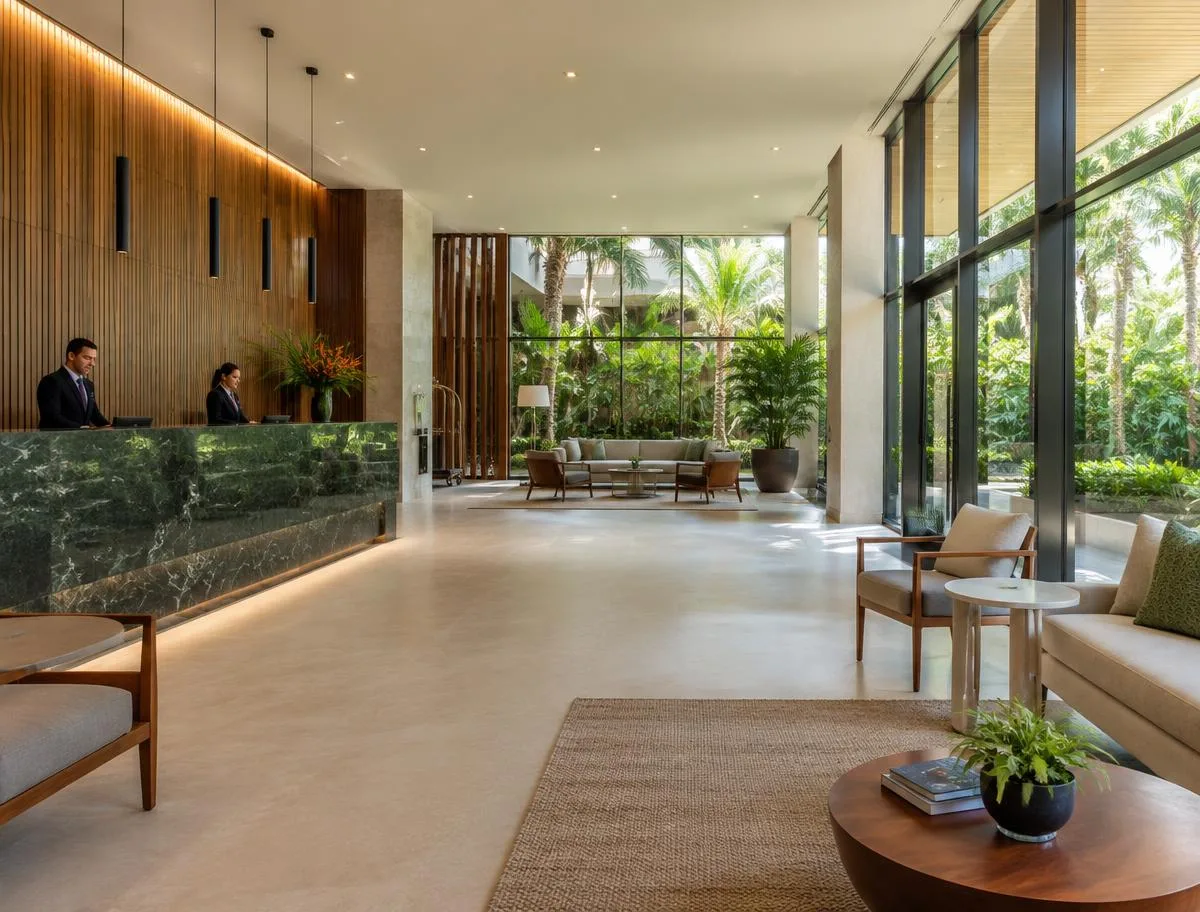 Recepção de hotel com áreas de convivência e iluminação natural